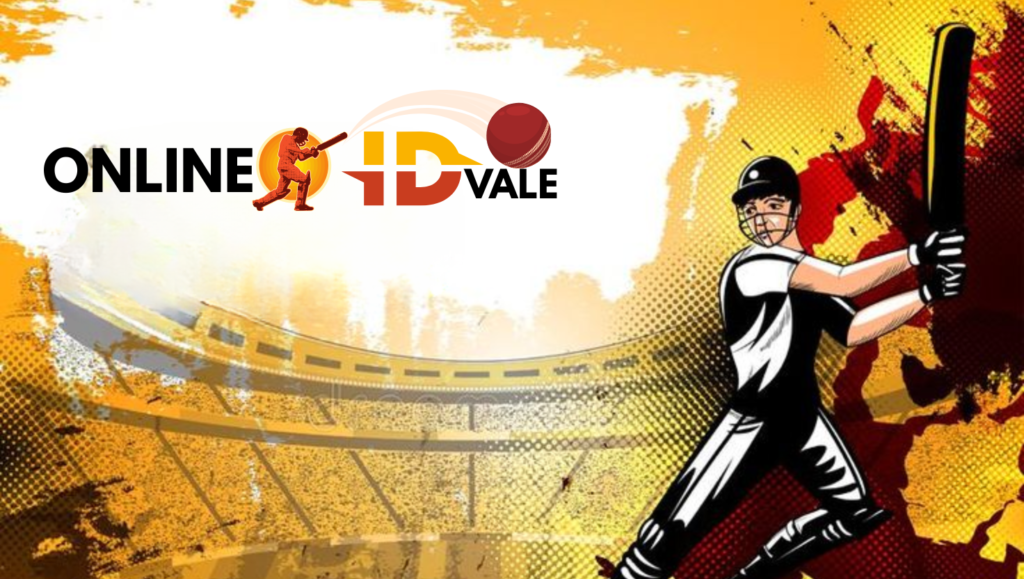 Illustration of a cricket batsman in action with a stadium background and OnlineCricketIDVale logo, representing the excitement of cricket match betting online.