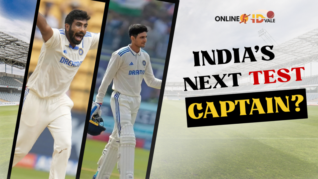 Shubman Gill and Jasprit Bumrah in Indian Test jerseys, symbolizing the captaincy race – Online Cricket ID